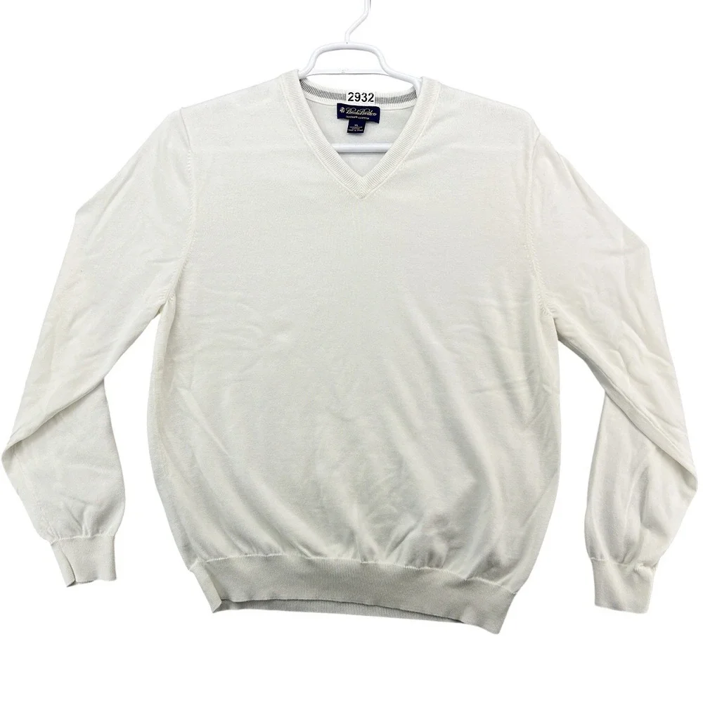 Brooks Brothers Mens XL Supima Cotton V-Neck Sweater Off-White Cream Knit